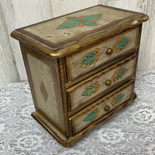 Load image into Gallery viewer, Vintage Wood Music Jewelry Box Footed Chest Gold Tone 3 Drawer Boho Japan