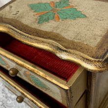 Load image into Gallery viewer, Vintage Wood Music Jewelry Box Footed Chest Gold Tone 3 Drawer Boho Japan