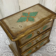 Load image into Gallery viewer, Vintage Wood Music Jewelry Box Footed Chest Gold Tone 3 Drawer Boho Japan